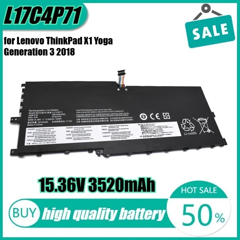 

15,36 В, 54 Втч, 3520 мАч, L17C4P71, аккумулятор для ноутбука Lenovo ThinkPad X1 Yoga Generation 3 2018 (20LD000KCD) L17M4P71