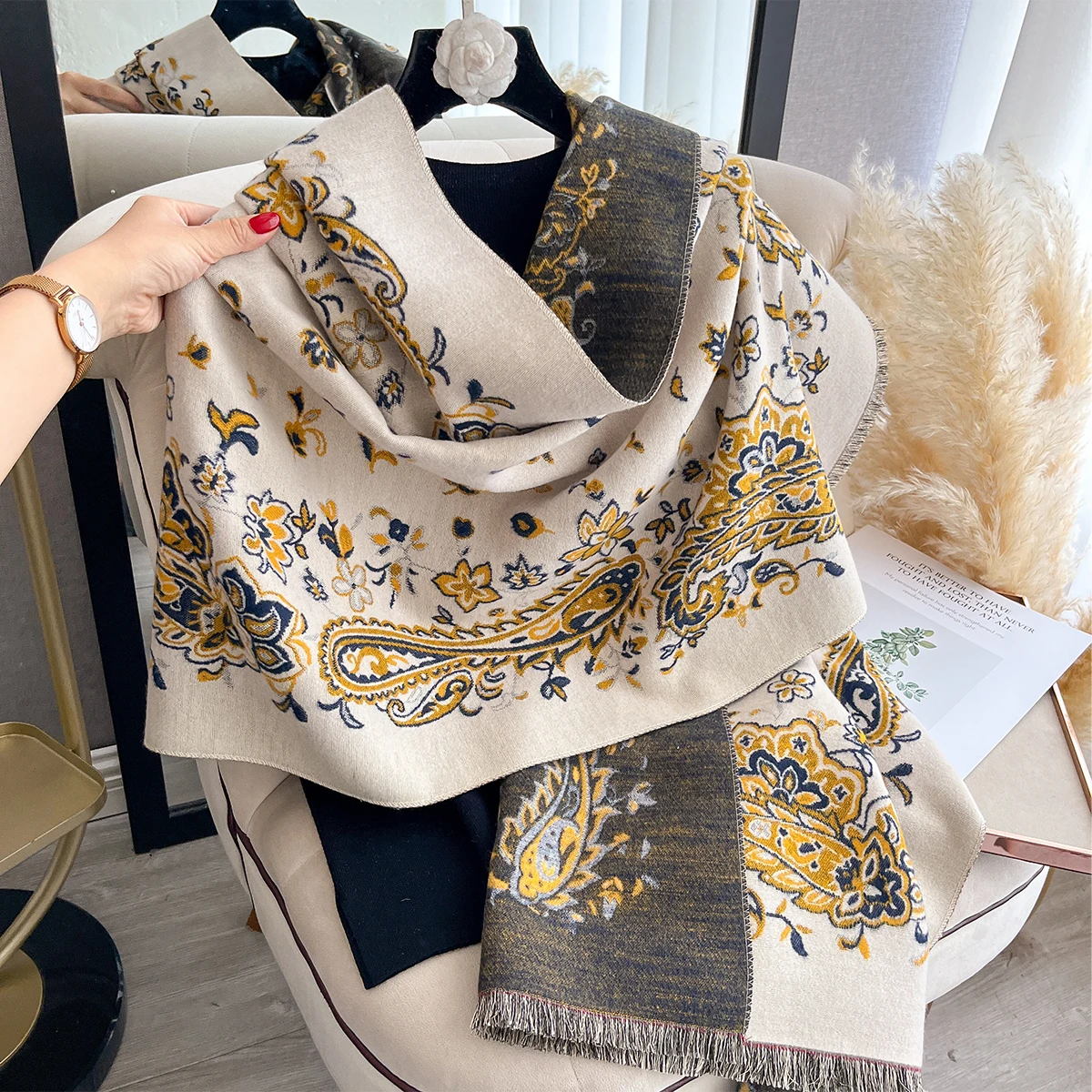 Neue Winter Eleganz Kaschmir Schal Frauen Paisley Zwei-Seitige Schal Weibliche Pashmina Luxus Marke Poncho Dicke Decke Warme Bufanda – Detail 5