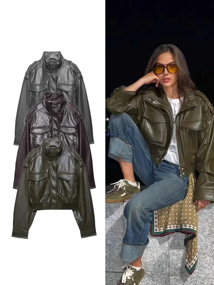 

TFMLN New Autumn Women's Retro Faux Leather Bomber Jackets Fashion High Street Ladies Motor Biker PU Zipper Pockets Short Coats