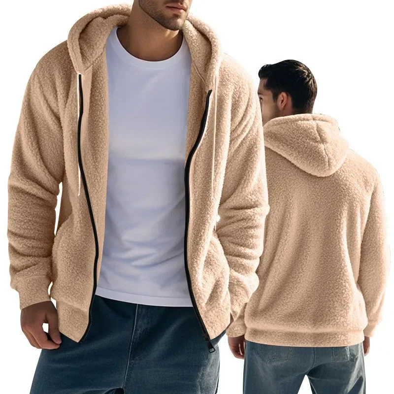 

American Style Men's Winter Thickened Warm Double-Sided Fleece Jacket Zip-Up Loose Fit Cardigan Casual Hooded Jacket