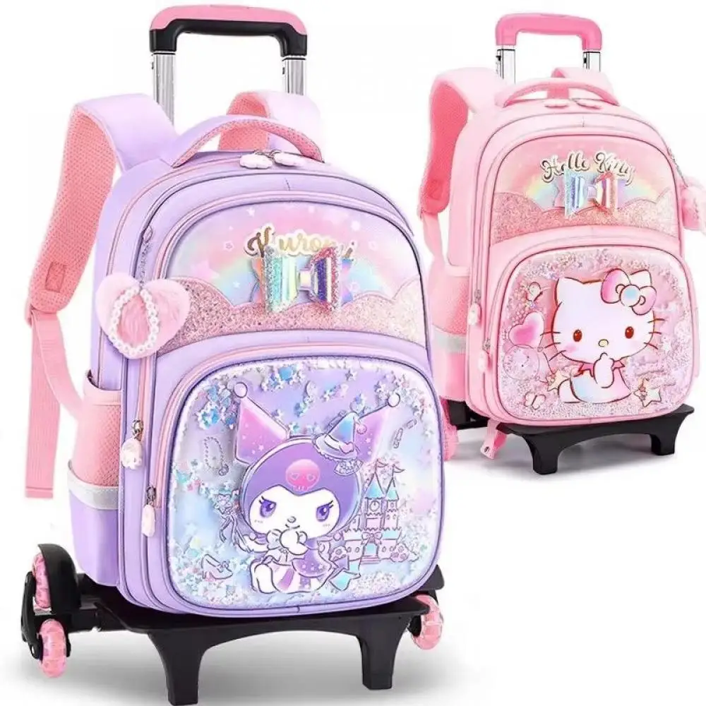 Mochila escolar para niños Sanrios Anime Hello Kitty Trolley Bag Kuromi mochila para estudiantes con ruedas ahorrar esfuerzo regalo duradero de alta capacidad