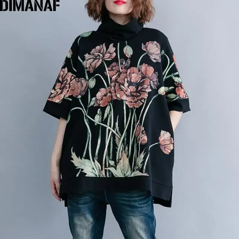 DIMANAF Women Hoodies Sweatshirts Plus Size Lady Tops Black Turtleneck Pullover Spring Thinken Cotton Loose Print Floral 2024