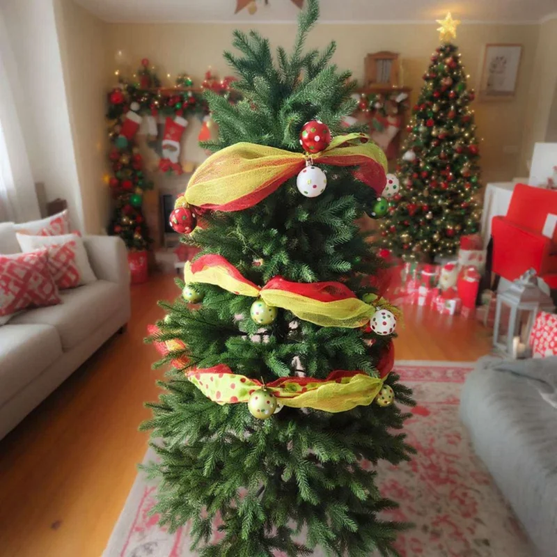 9Ft شجرة عيد الميلاد الديكور شبكة الشريط مع الكرة البيضاء الخضراء DIY بها بنفسك شجرة عيد الميلاد الديكور التفاف الشريط ديكور الزفاف