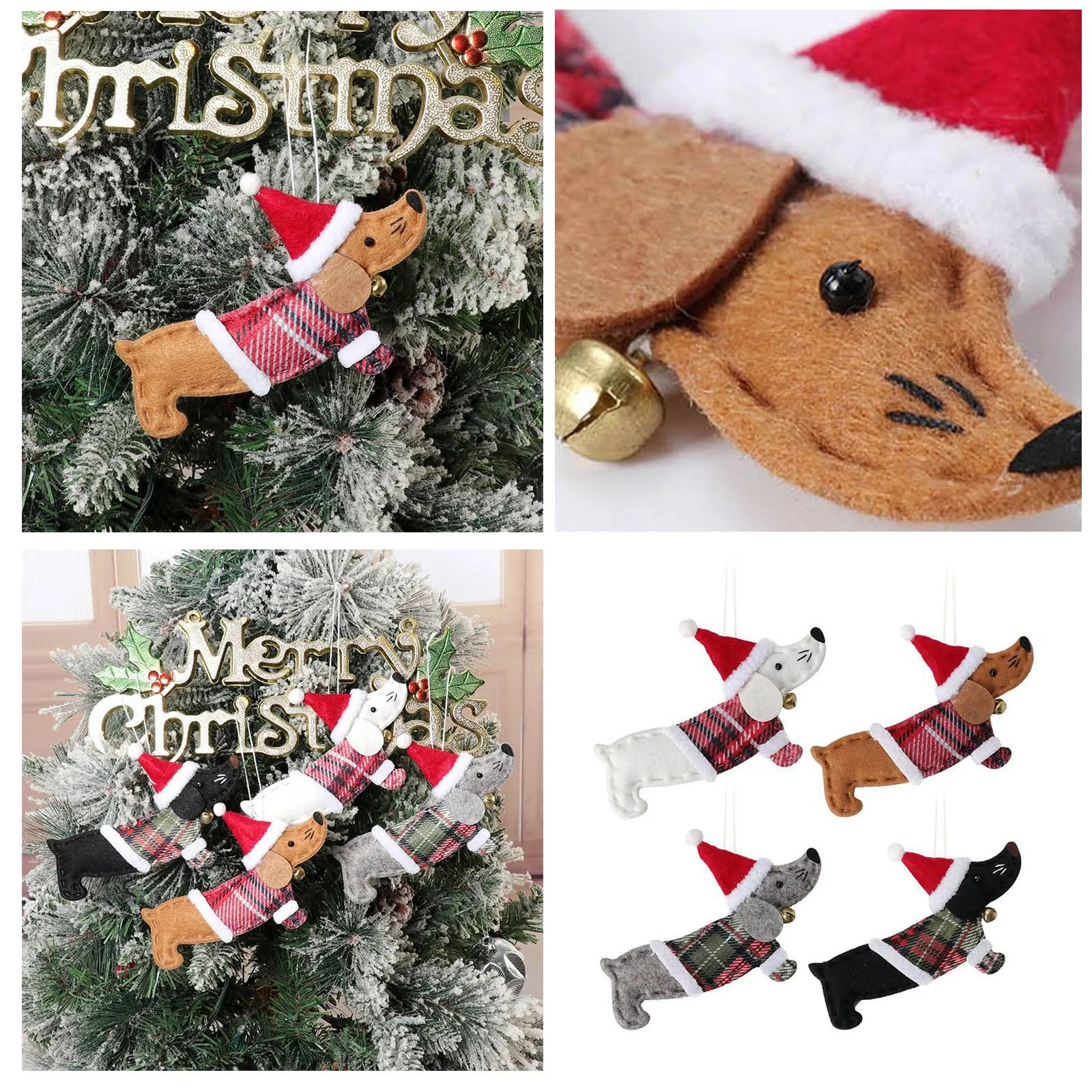 4pcs/Set Christmas Tree Ornament Fabric Figurine Cute Dachshund Wearing Clothes Santa Hat Decorative Toys For Christmas Decor