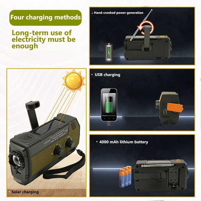 Portable Emergency Radio 4000mAh Solar Hand Crank Cell Phone Charger Radios AM/FM/NOAA LED Flashlight Outdoor Indoor Light Night