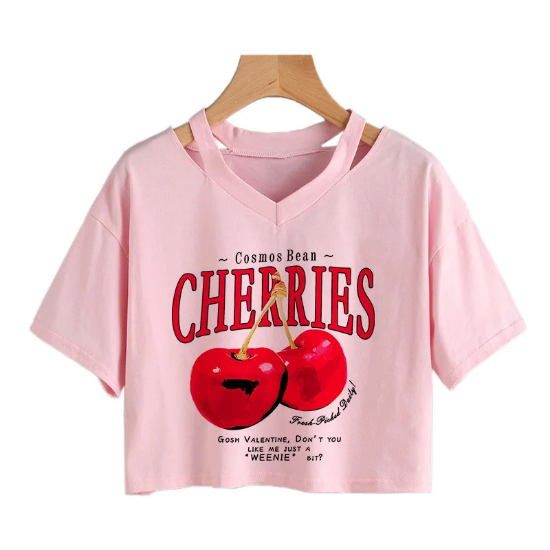 Gothic Strawberry Cherry Fashion Crop Top T-shirt Kawaii T Shirt Casual Tshirt Clothes Y2k Cropped Tee Shirt Top