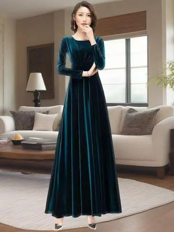 

Ele Velvet Long Sve Dr for Women High Waist Slimming Autumn Brand Tag Removed Casual Sle No Stand Fit