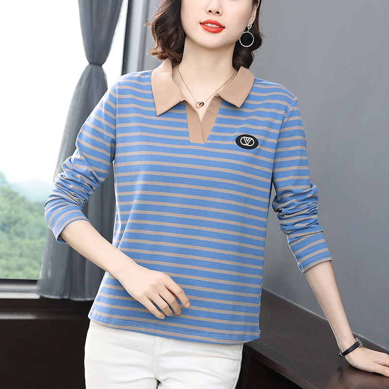 2023 Striped Print T-shirt Tops Women Fashion Autumn Turn-down Collar Collar Loose Tees Basic Casual Long Sleeve Tops Oversized