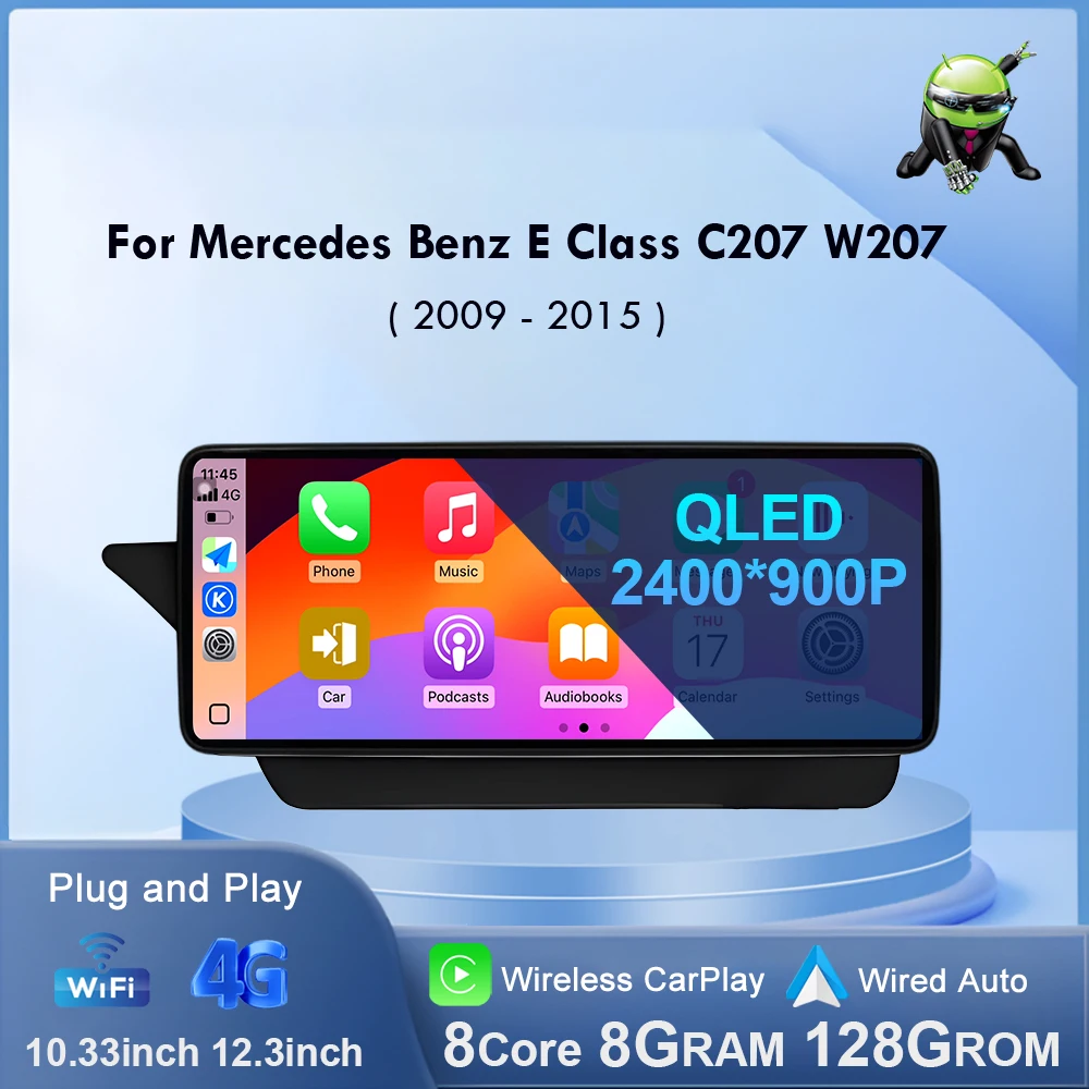 Autoradio Android 14, Lecteur Vidéo Sans Fil, Carplay DSP, Stéréo, Écran Tactile, pour Mercedes Benz Classe E C207 W207 A207 2009 - 2015