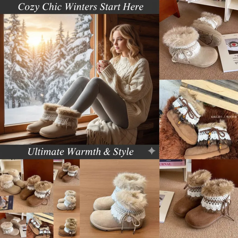 

Lace Bow Fleece Snow Boots Women Vintage Winter Fashion Cozy Warm Flat Heel Round Toe Design Stylish Fall Winter Footwear New