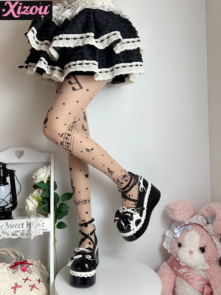 Japanese doll sweet music note stockings pantyhose female autumn thin black music note personality girl lolita stockings women