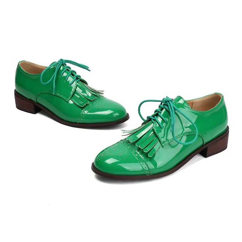 براءة اختراع بو الجلود الوردي الأخضر الأحمر الدانتيل متابعة عبر تعادل النساء مضخات مربع منخفضة الكعب النساء تصليحه أحذية أوكسفورد الأحذية مع شرابات #6