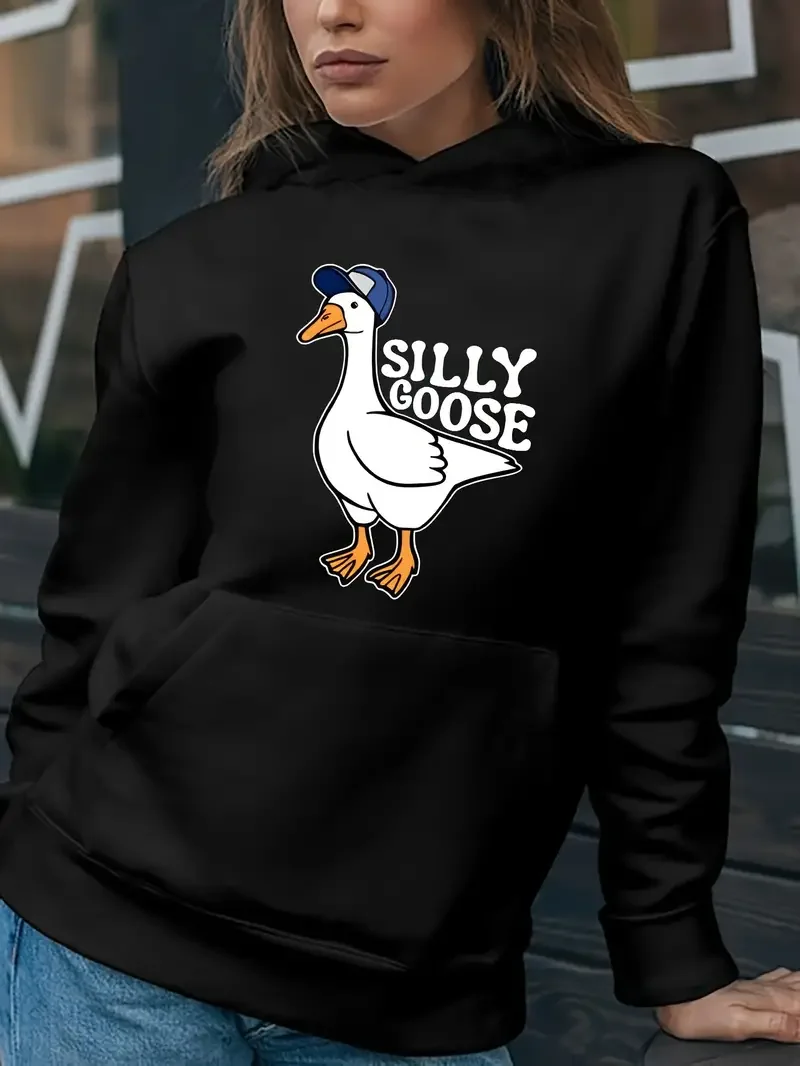 Silly Goose Print Long Sleeves Hooded Sweatshirt Loose Fit With Pocket Hoodie Women's Clothing