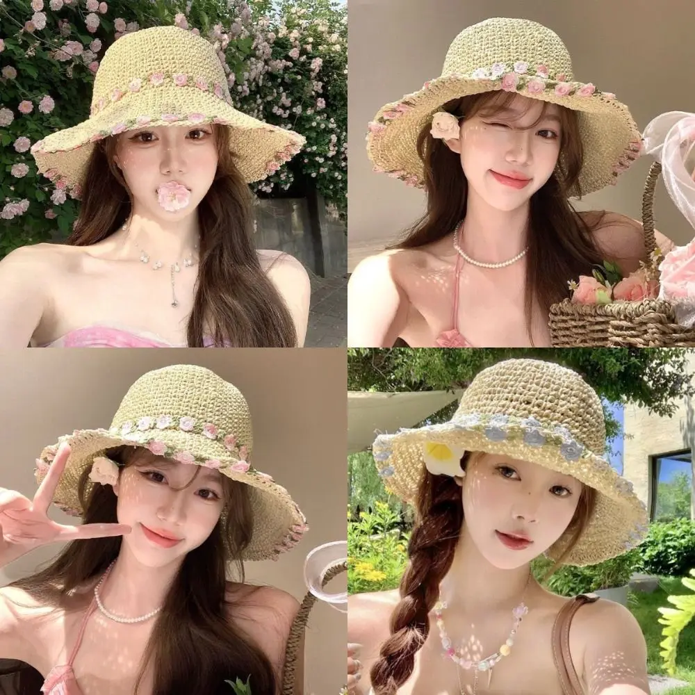 Fashion Korean Flower Straw Hat Solid Color Breathable Beach Hat Large Brim Women Visor Bucket Hat Seaside Vacation