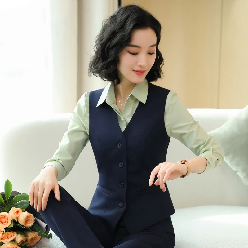 Professional Black Vest Suit Women's Interview Workwear Hotel Manager Large Size Set Commute Style Polyester Cotton Blend