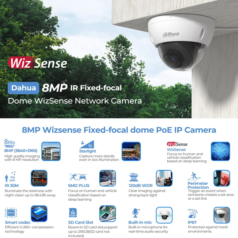 Dahua IPC-HDBW2841E-S 8MP 4K Dome Security IR IP Camera Outdoor POE Smart Human Vehicle Detection Audio Video Surveillance