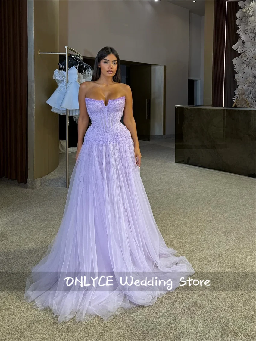 Sukienki wieczorowe z tiulu, zdobione koralikami, fioletowe, w kształcie litery A, formalne sukienki na przyjęcie, plisowane, bufiaste, vestidos de gala