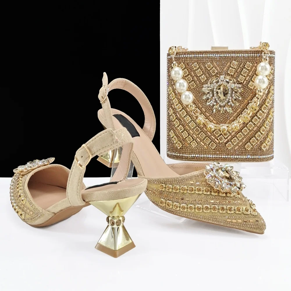 

Italian Design Woman Shoes And Bag Set For Evening Party Summer Style Rhinestone Middle Heels Shoes And Bag St Party Dress