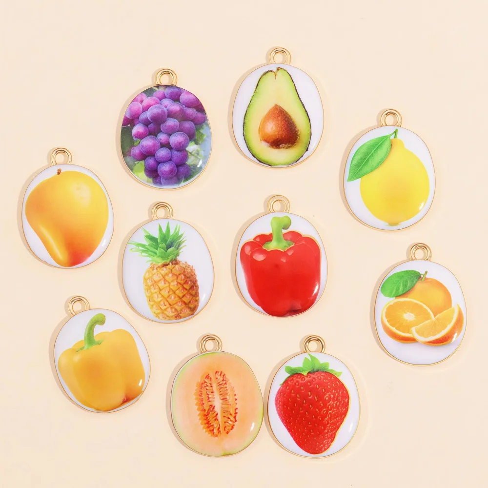 10Pcs Printed Enamel Fruit Charms Lemon Strawberry Pepper KC Gold Color Pendants DIY Crafts Making Necklace Handmade Fashion Jew