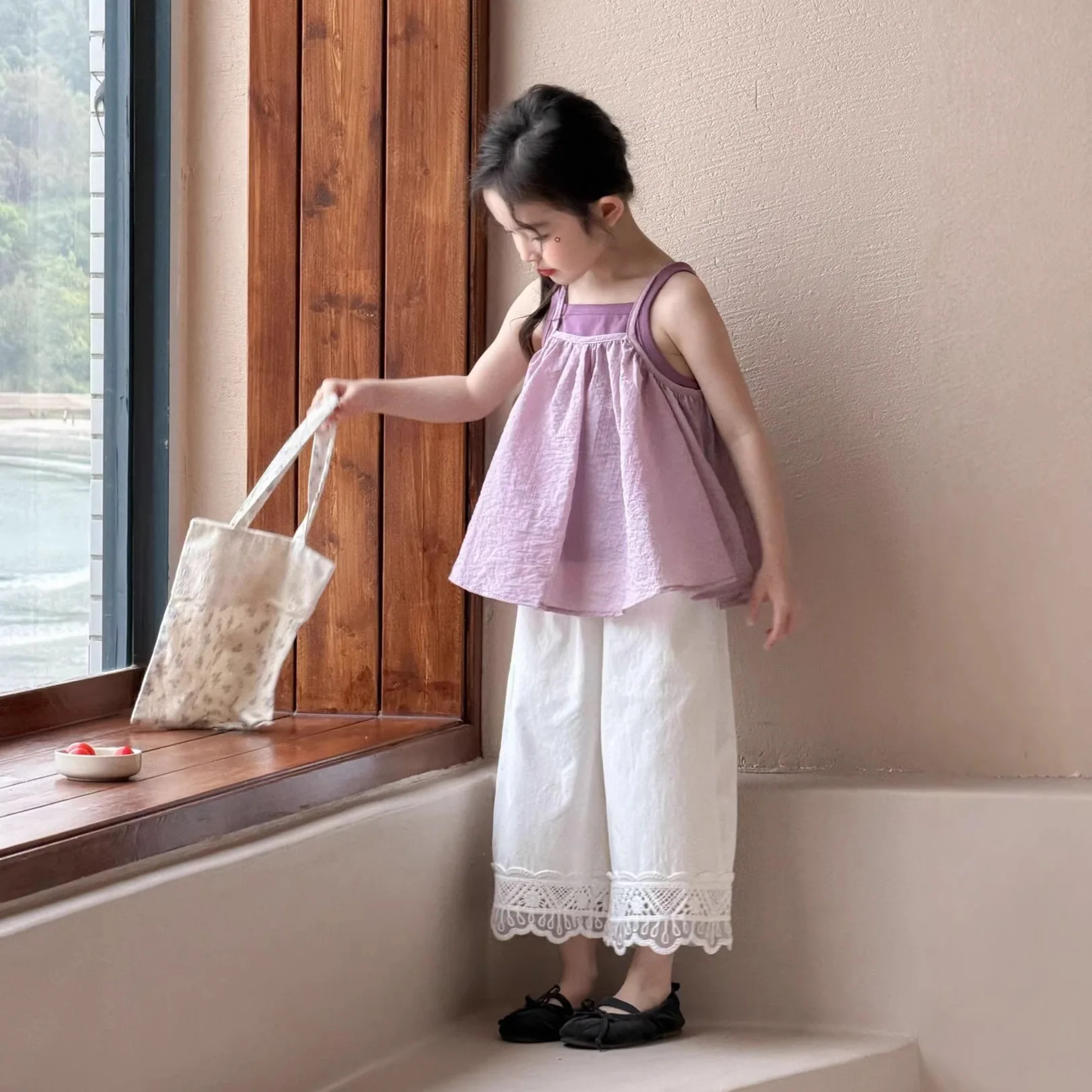 Girl 2026 Summer New Korean Purple Strap Vest and Base Shirt Fashion Solid Color Kids Outwear Top Suit