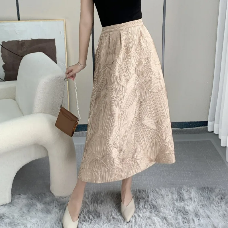 Miyake Pleated Leaf Jacquard Half Skirt Autumn New High Waist Slimming Temperament Solid Color Elastic Waist Half Skirt