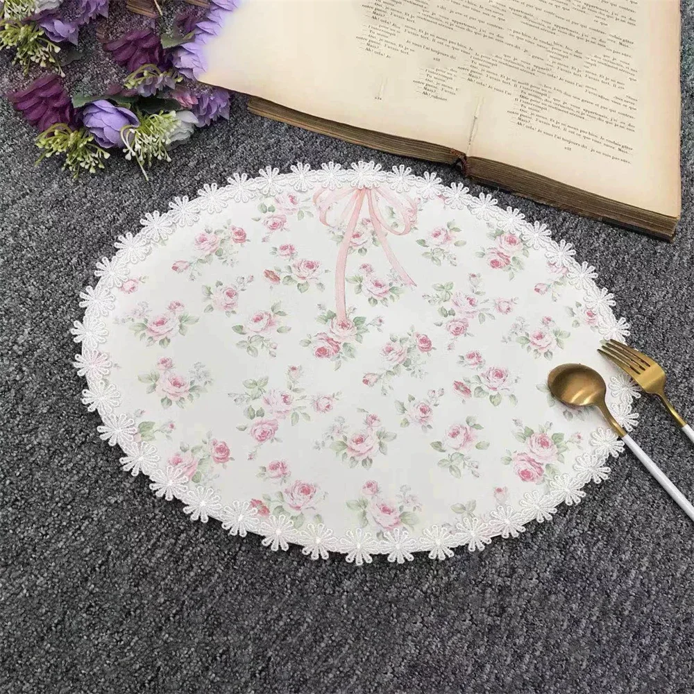 Home Decoration Insulated Tableware Mat Non Washable Nordic Tea Table Meal Mat Oval Rose Floral Leather Meal Mat 30cmx40cm