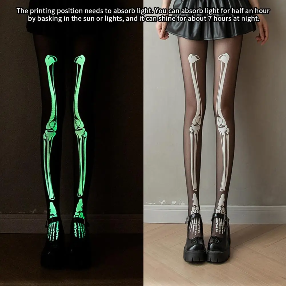 

Glow Dark Stockings Glow-in-the-dark Skeleton Women Pantyhose with Ghost Leg Print Terrifying Skull Thighs for Halloween