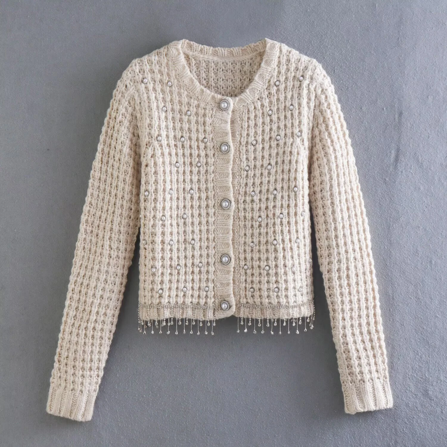 

European and American style spring women's clothing retro French pearl button diamond chain knitted cardigan sweater