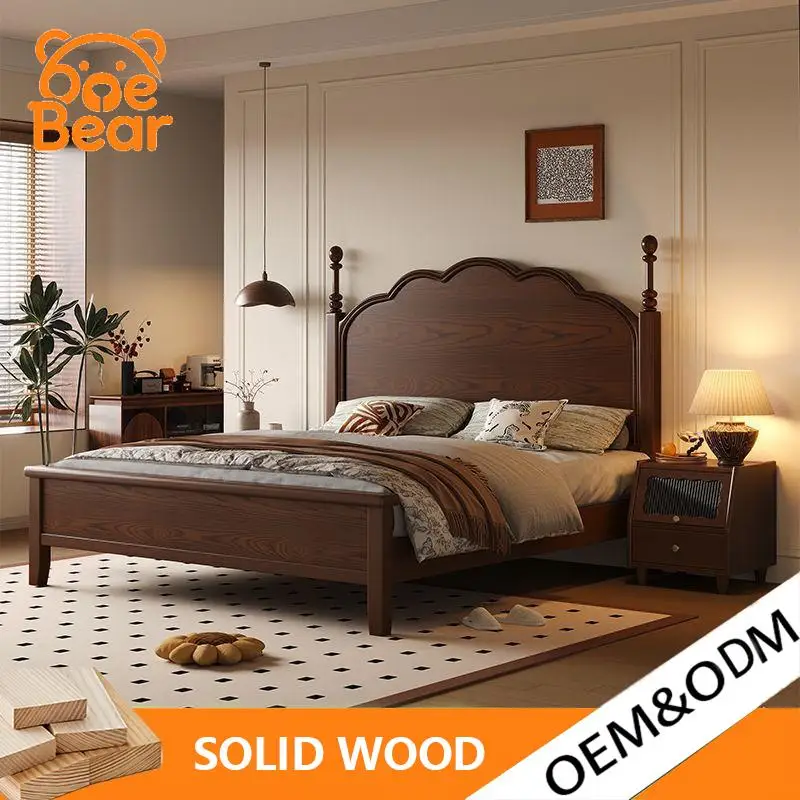 Mid Century Modern Wood Bed Curved Headboard Vintage Double Bed Frame Quality Bedroom Furniture for Homestay Hotel and Apartment