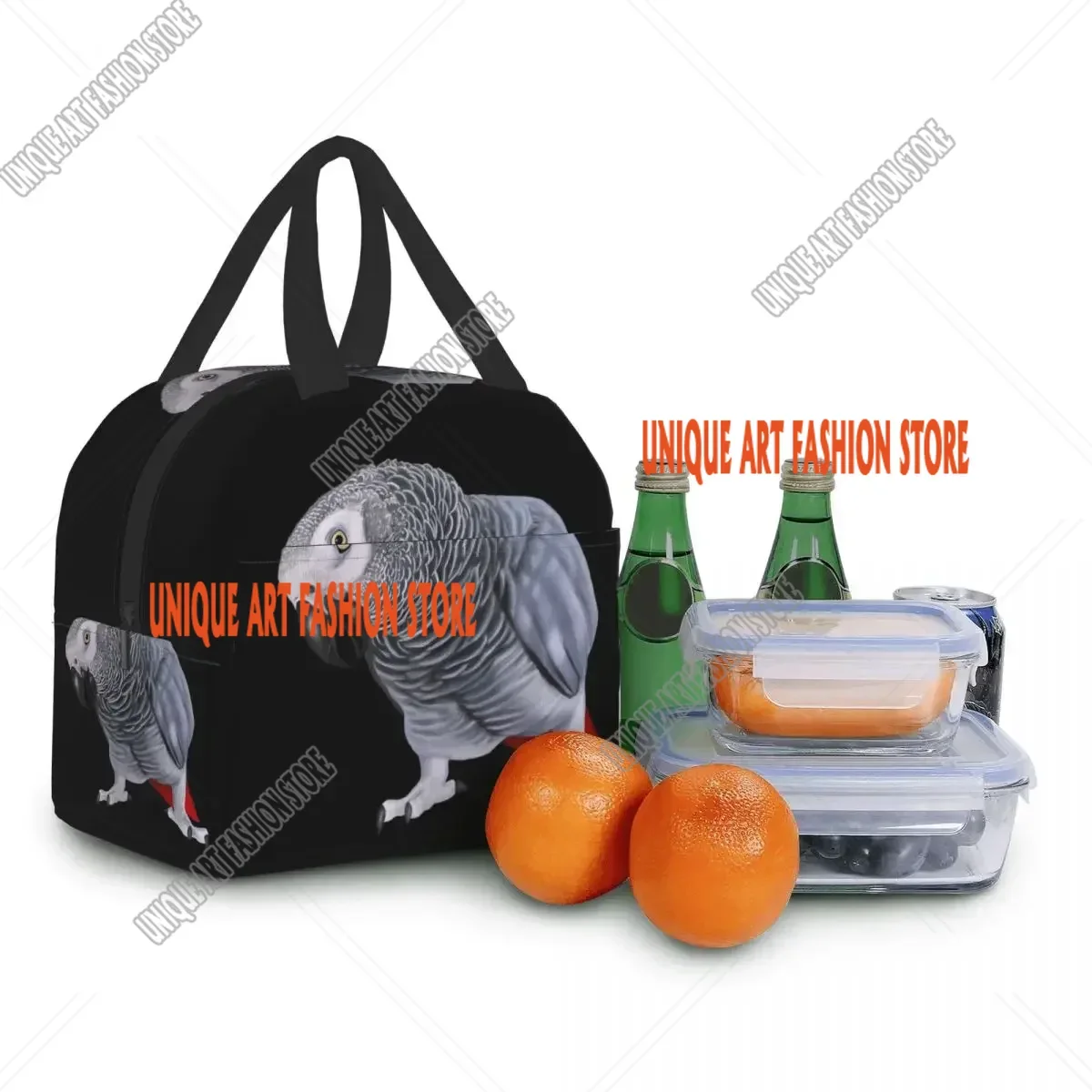 Borsa per il pranzo isolata con pappagallo grigio africano per la scuola di lavoro Psittacine Bird Borsa per il pranzo termica portatile per donne Borse per alimenti per bambini