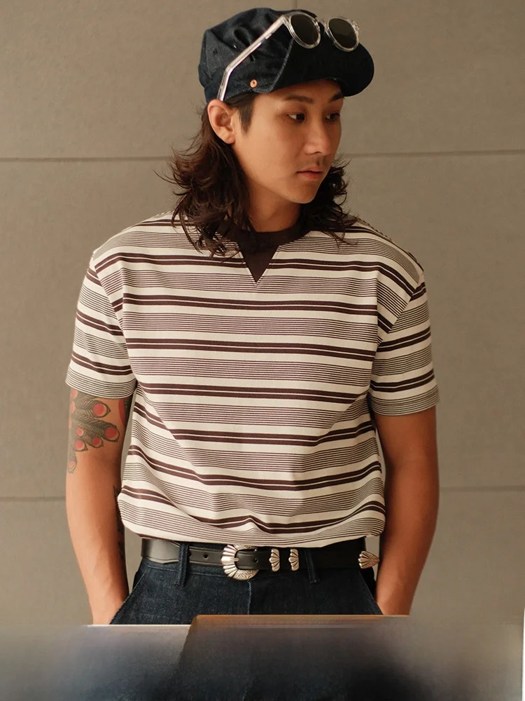 

Футболка Slim Fit в американском ретро-стиле с полосками, дышащий хлопок, молодежная мода, летняя повседневная, с круглым вырезом, стандартной длины