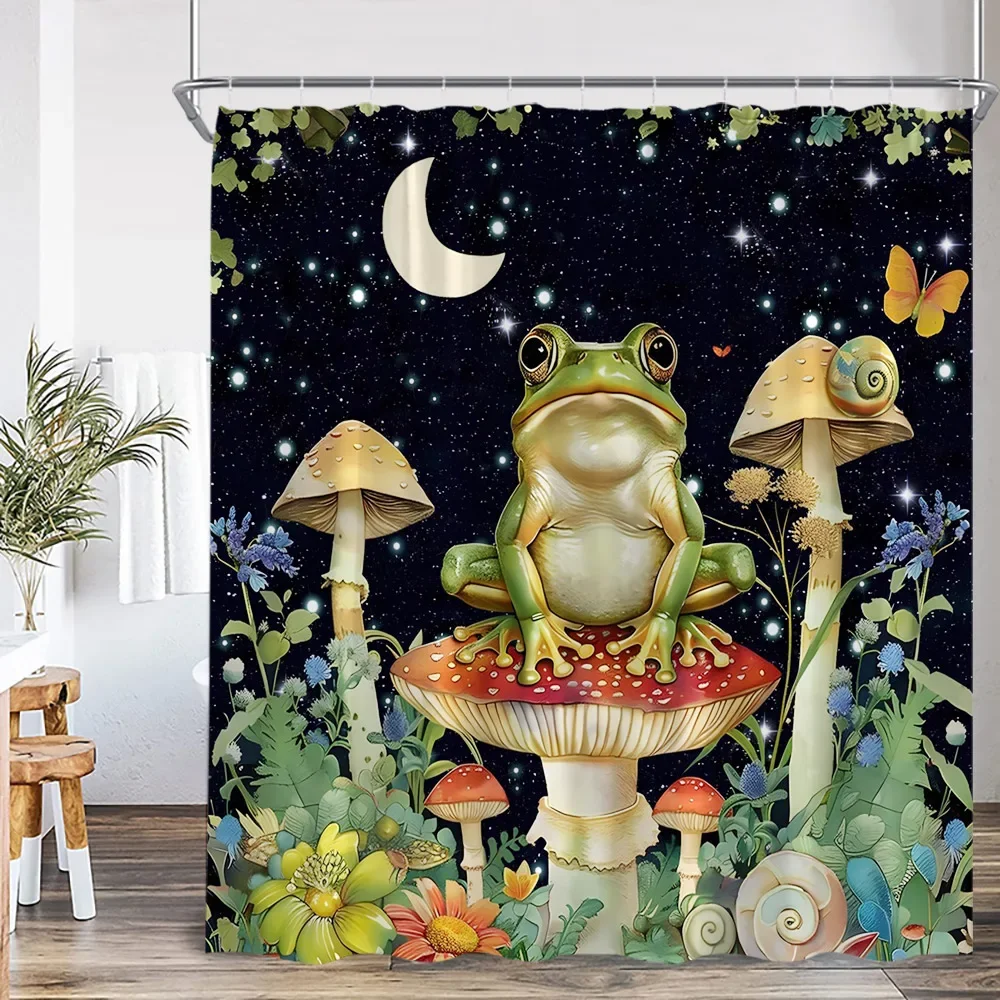 Frog Animal Print Vintage Shower Curtain Rainforest Butterfly Bookshelf Bookstack Library Starry Night Mushroom Bathroom Decor B