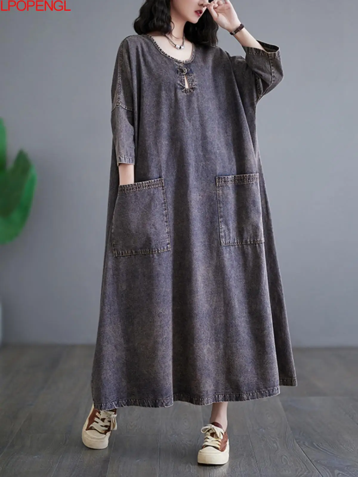 New Fashion Spring And Summer Loose Casual Round Neck Button Denim Dress Women\'s A-line Large Hem Pullover Streetwear Long Dress