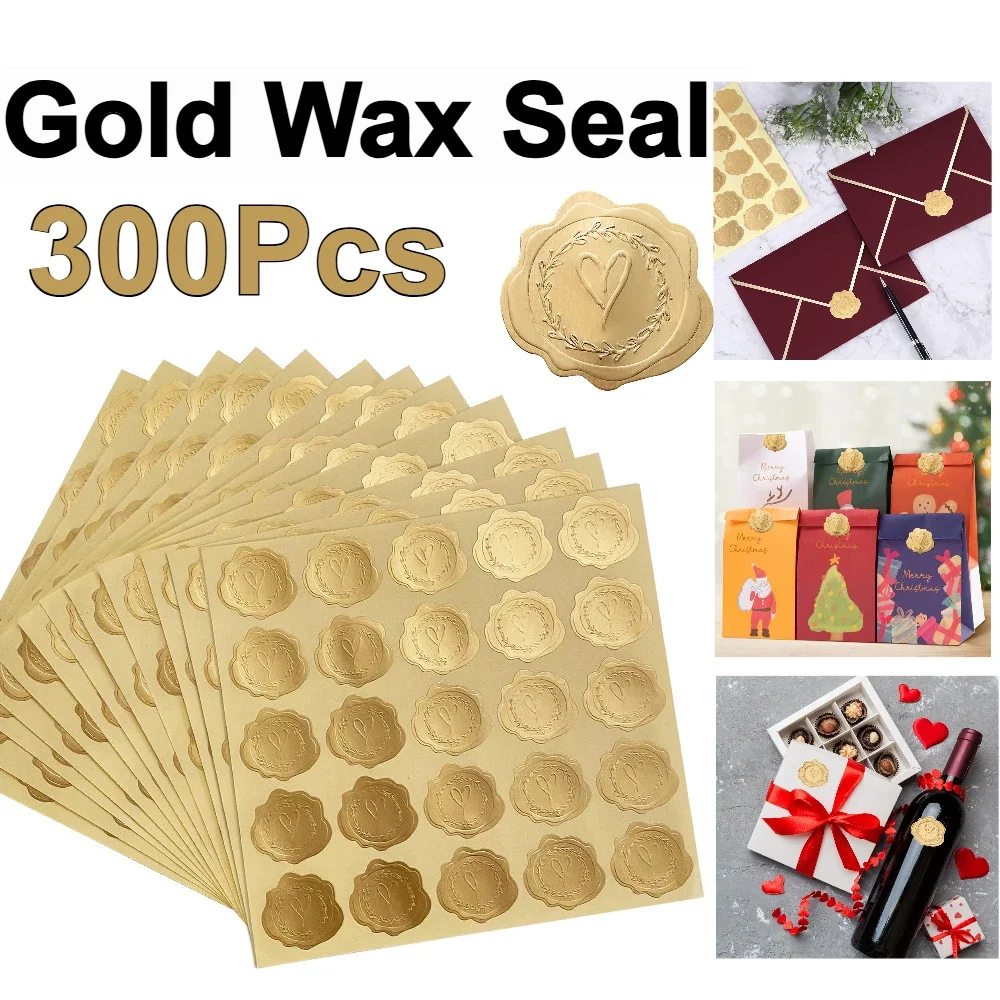 300pcs Gold Embossed Wax Seal Looking Heart Envelope Seals for Wedding Invitations/Greeting Cards/Party Favors, Self-Adhesive