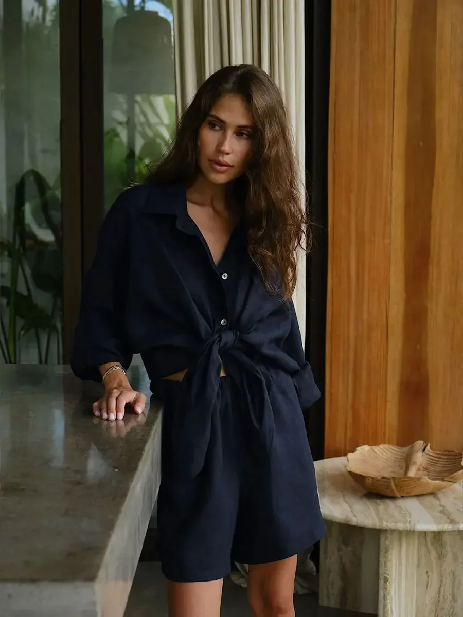 Lässige Shorts-Sets aus 100 % Baumwolle, 2-teilig, gemütliches Hemd mit Revers und Laternenärmeln, Sommer-Outfit, elastische Taille, Shorts-Anzüge