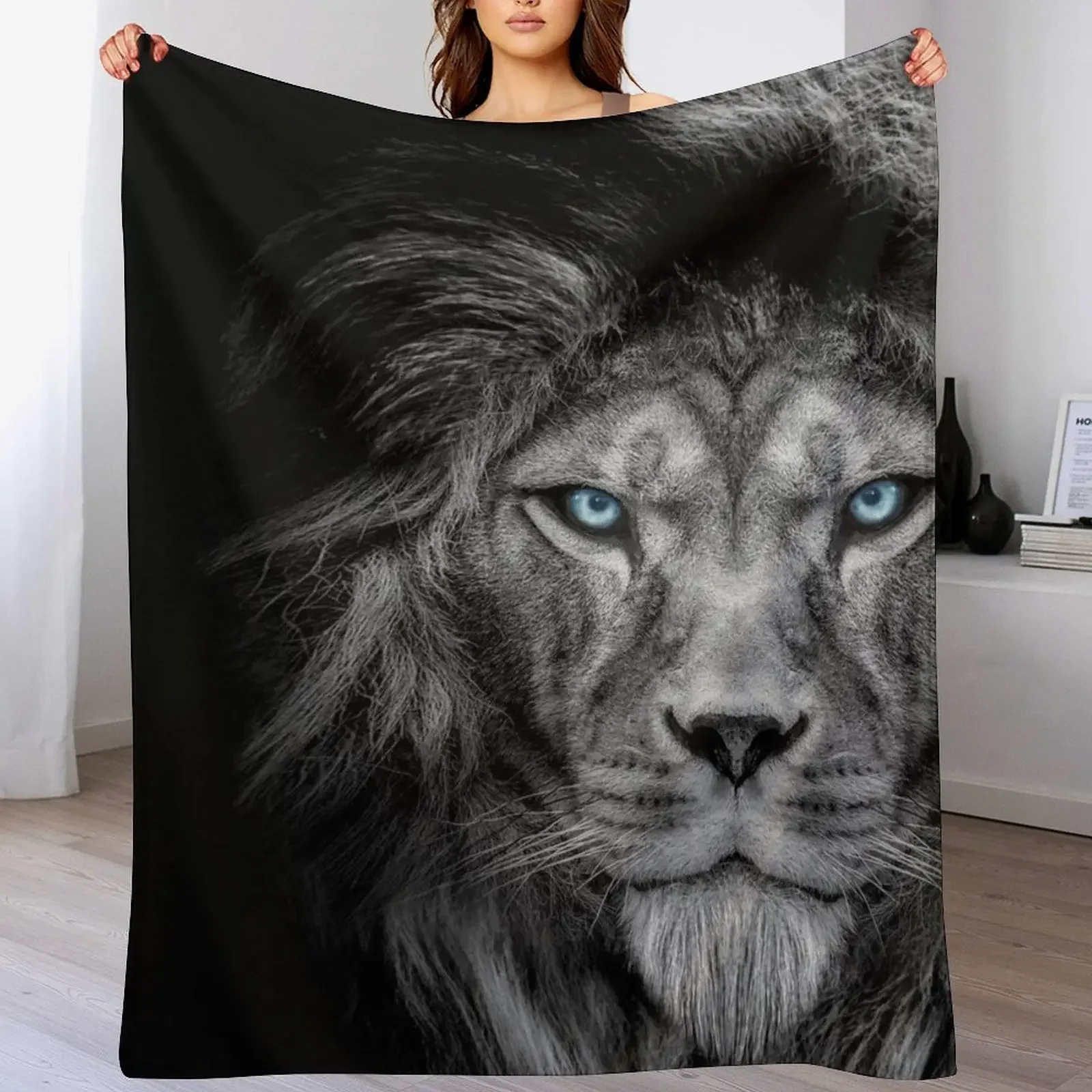 

New African male lion , wildlife animal Black and white but with colored eyes Throw Blanket Fade Resistant Durable Throw Blanket