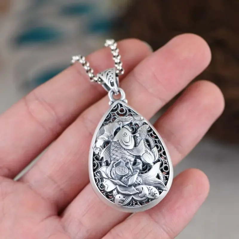 قلادة فضة قديمة مع زهرة لوتس محفورة ، قلادة متدلية ، سلسلة عارضة ، مجوهرات ساحرة ، طراز وطني ، كلاسيكي ، جديد