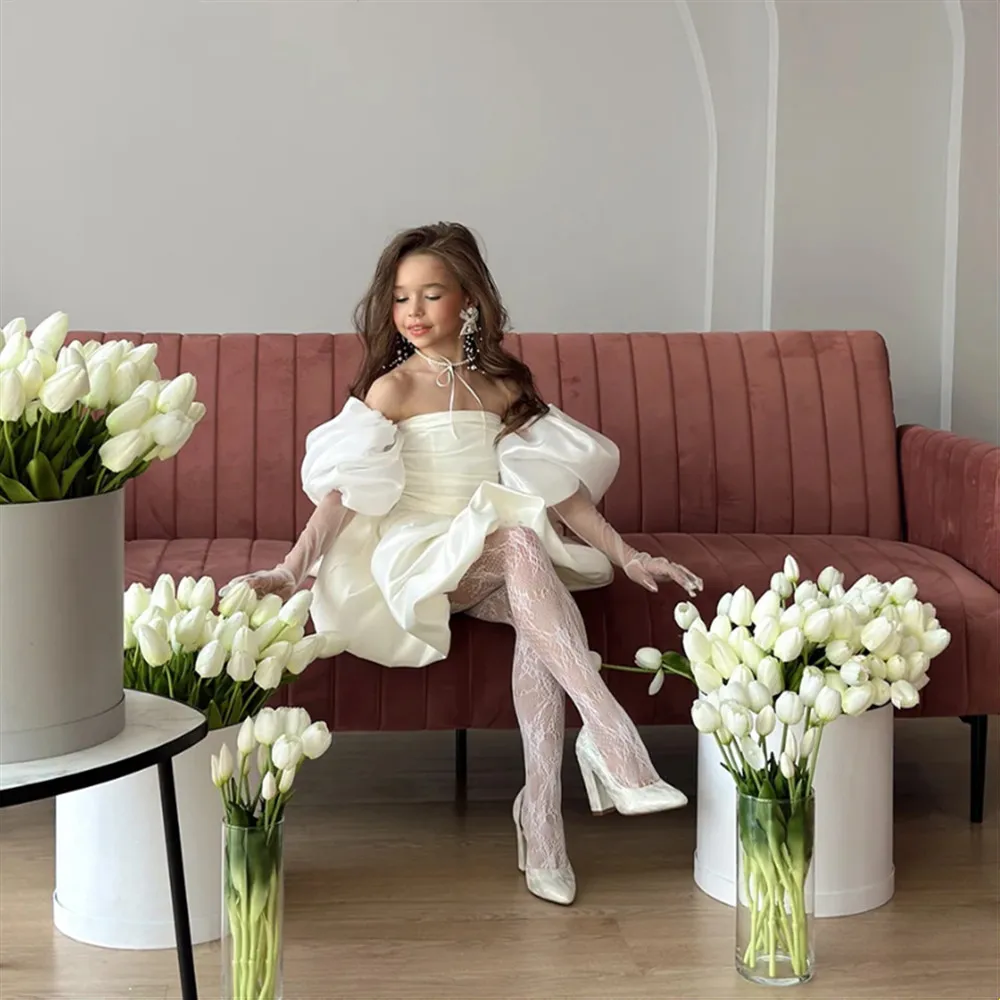 

Customized Elegant White Flower Girl Wedding Dress Off The Shoulder Satin Puffy Sleeves Kid Birthday Party Princess Prom Gown