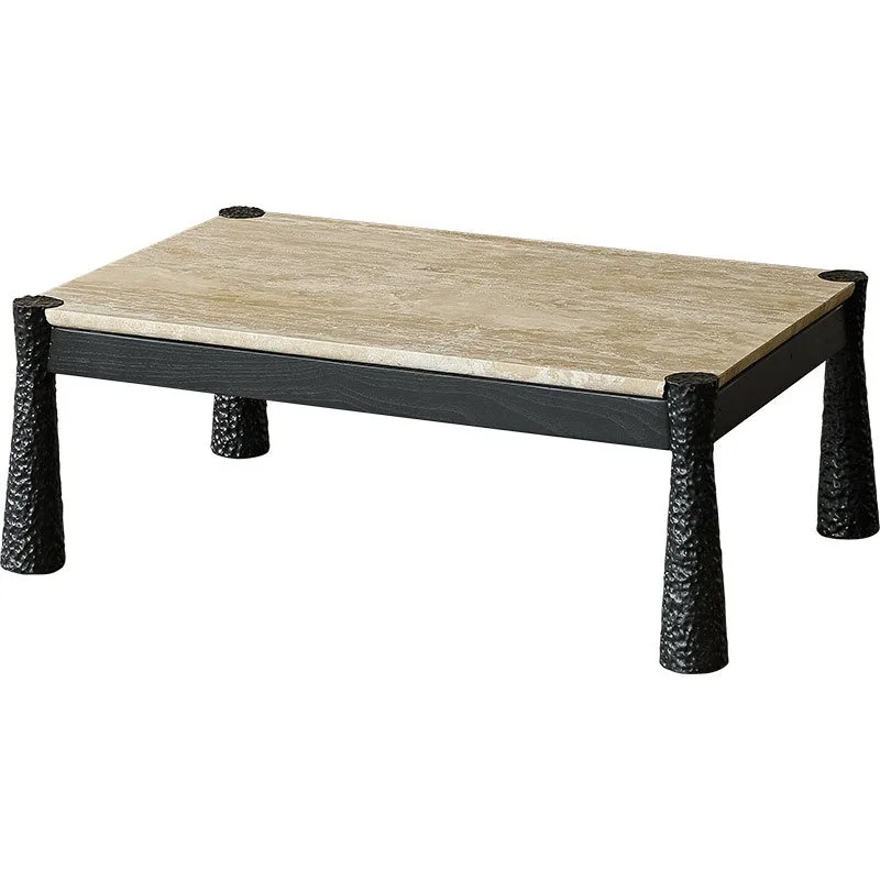 Wabi-sabi natural travertine square black excavated coffee table, Japanese antique replica stone coffee table, homestay