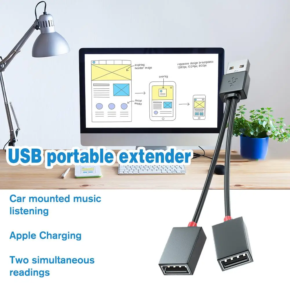 1 In 2 Out USB HUB Car USB Splitter Cable Multifunction Adapter Cord Charging Cable For iPhone Android Smart Phone H0F9