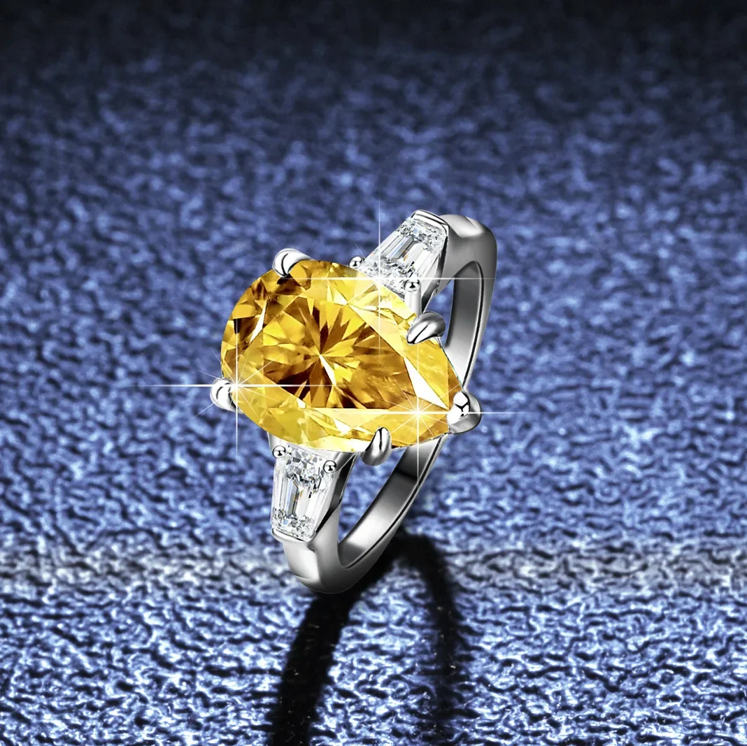 18K gold moissanite ring luxury women's special-shaped pear-shaped water drop PT950 platinum 4 carat champagne yellow