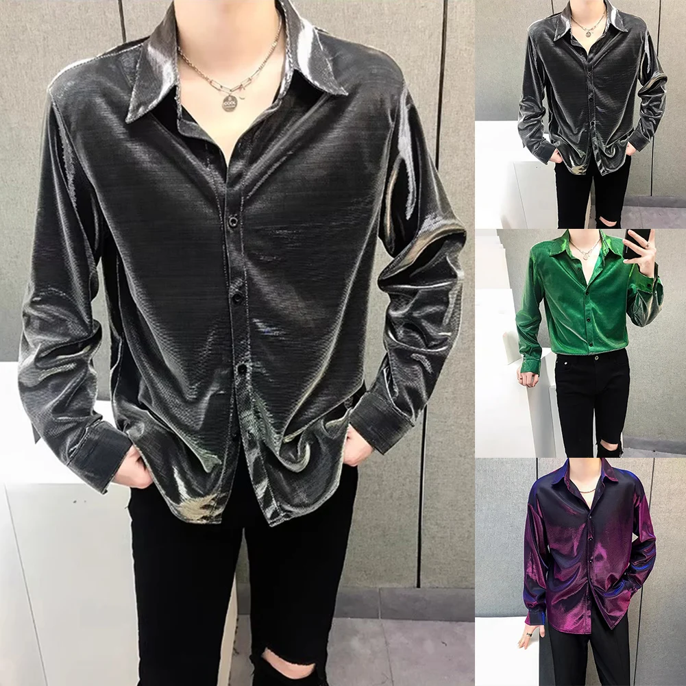 Men Fine-shimmer Glossy Long Sleeve Shirts High Street Nightclub Party Cardigan Disco Shirt Loose Shirt Jacket