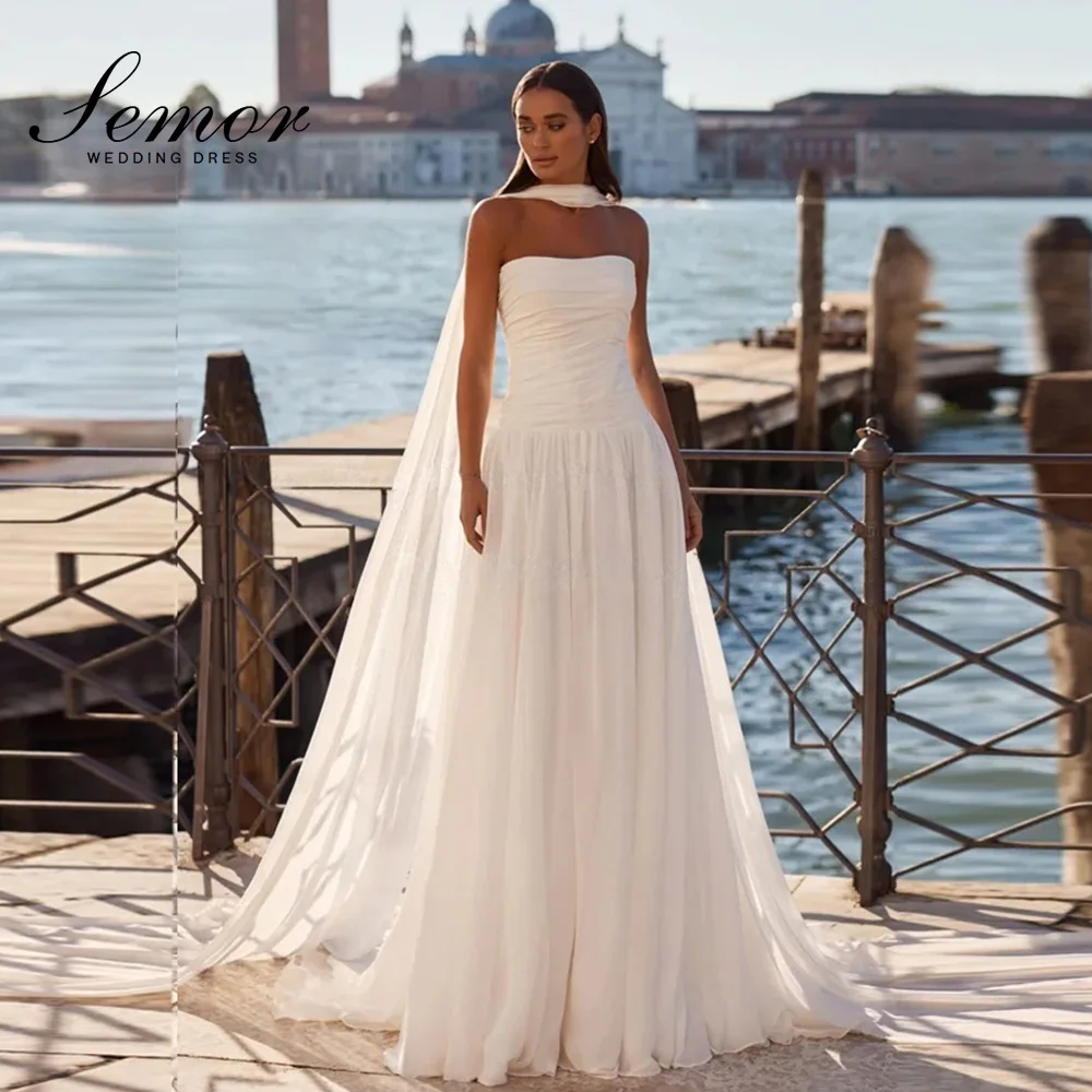 Vestido de Novia Semor 2026 Nuevo sin Tirantes, de Gasa Plisada, Corte A, con Lazos, para Bodas Civiles en la Playa, Personalizable