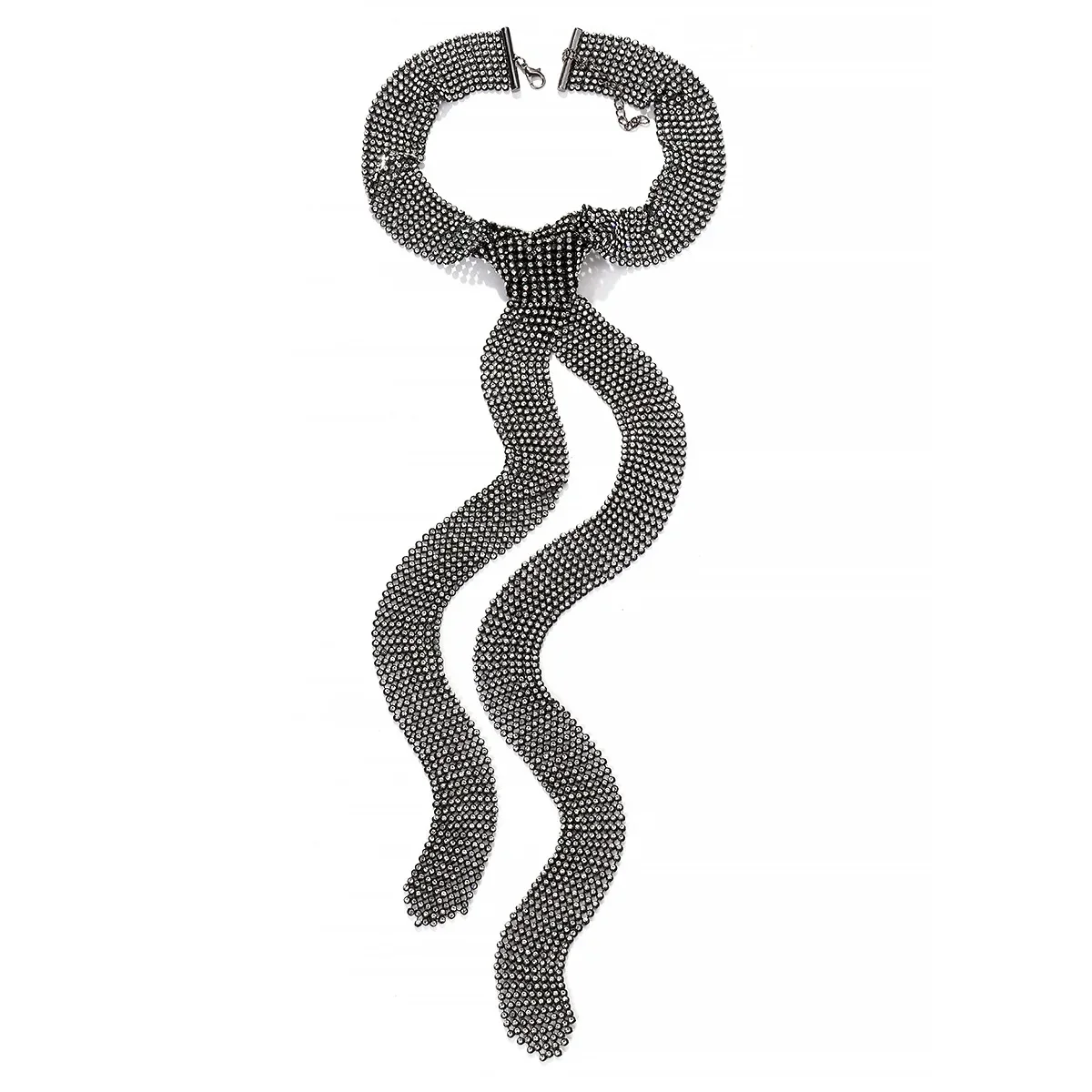 Zaa-女性用ラインストーン中空メッシュネックレス、長い金属チョーカー、黒、誇張された、豪華な宴会、パーティージュエリー、ネックアクセサリー