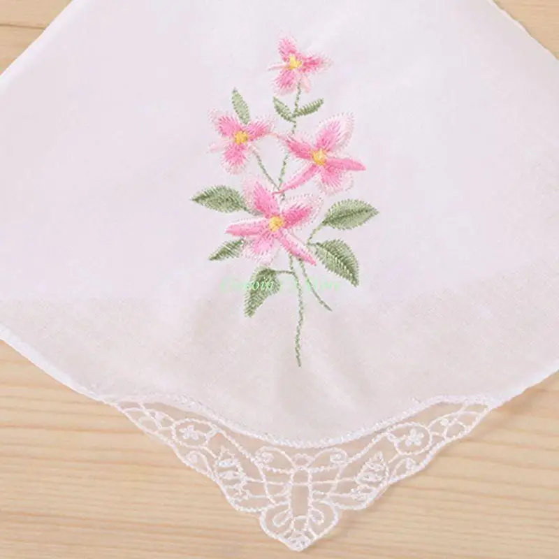X90F 3Pcs/Set Women Basic White Square Handkerchief Floral Embroidered Pocket Hanky B