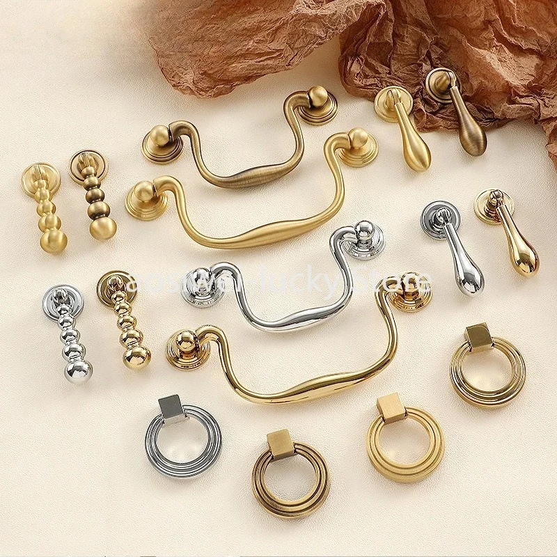 yesLight Luxury Gold American Simple Ring Brass Handle Drawer Wardrobe Pendant Retro French Pure Copper Antique All Copper Handl