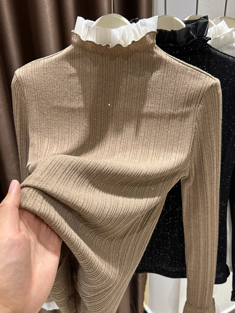 

Утепленный флисовый топ с высоким воротником и кружевом для женщин, осенне-зимняя теплая базовая кофта в корейском стиле для повседневной носки