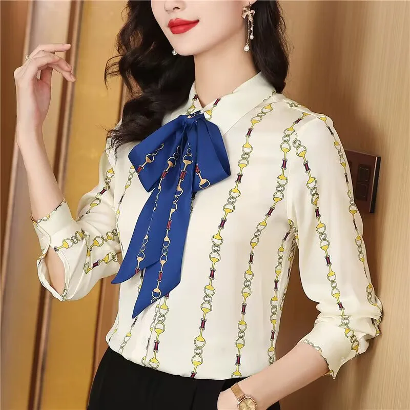 Women Clothing Elegant Commuting Shirts Office Lady Long Sleeved Loose Blouses Bow Striped Tops