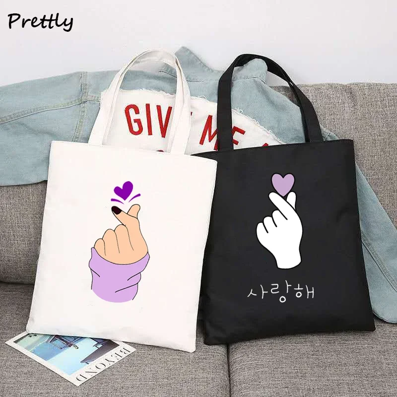 Saranghae Korean Finger Heart Shoulder Handbags Kpop Love K-pop Kdrama Canvas Tote Bag Large Student School Bags Ladies Shopping