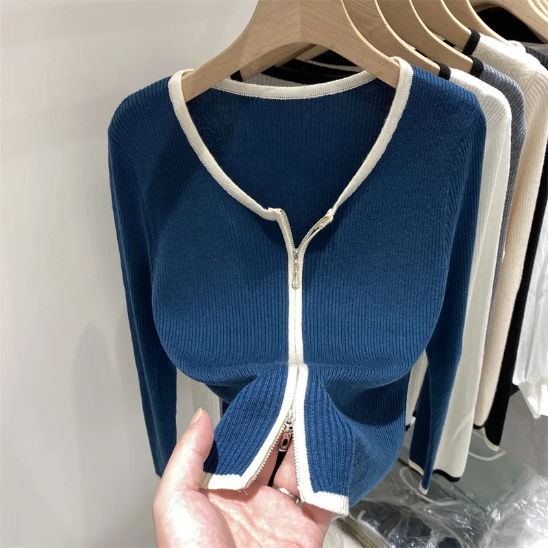 Zipper Knitted Cardigan Women Top Coat KO-neck Fashion Small Jacket Button Long Sleeved Female Sweater Cardigan Autumn Winter